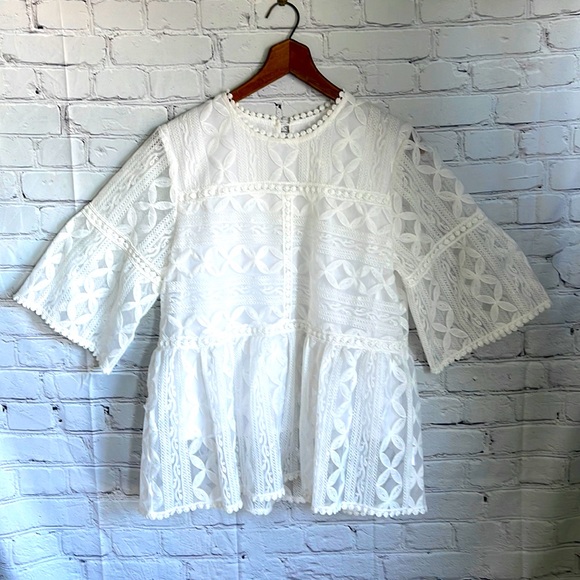 Chicwish Tops - Chicwish White Lace Blouse Size L/XL